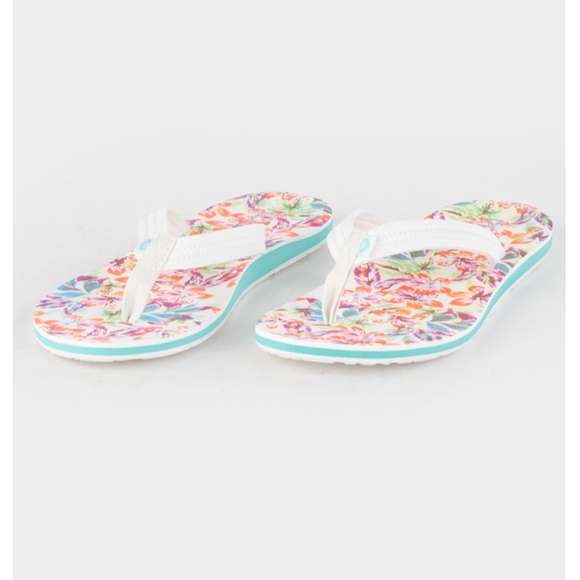 Roxy Floral Vista Loreto White Blue Floral Sandal Flip Flops Size 10 New ! - Picture 2 of 7